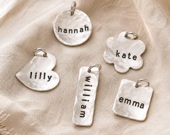 Sterling Silver Personalized Name or Date Hand Stamped Charms Heart Flower Square Disc Rectangle
