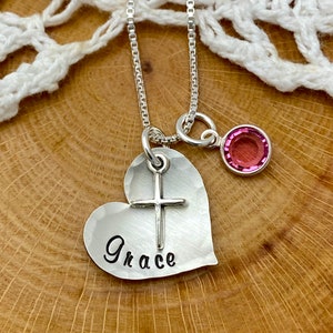 Hand Stamped Sterling Silver Cross Necklace: Heart, Birthstone, Personalized Confirmation Jewelry