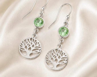 Sterling Silver Tree of Life Earrings: Custom Birthstone Charm