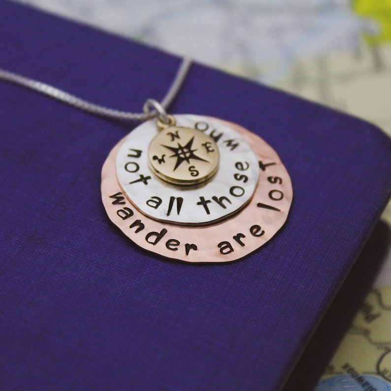 Sterling Silver Copper and Bronze Disc Necklace Not All Those Who Wander Are Lost Compass Hand Stamped Jewelry image 1