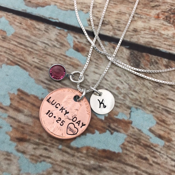 Lucky Penny Necklace - Personalized Penny Jewelry with Initial and Birthstone - Lucky Charm Necklace - Gifts for Her - Birthday Year Gift