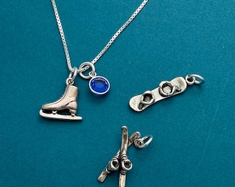 Winter Sports Necklace: Sterling Silver, Skiing, Snowboarding, Ice Skating, Birthstone Crystal