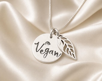 Sterling Silver Vegan Necklace: Hammered Disc & Leaf Charm