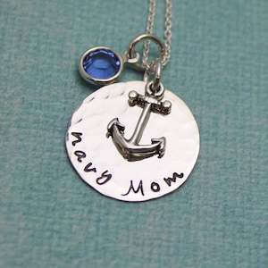 Navy or Army Mom Necklace in Sterling Silver with Anchor Charm and Birthstone Customized Hand Stamped Jewelry
