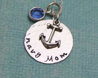Sterling Silver Navy Mom Necklace: Hand Stamped Anchor Charm, Birthstone