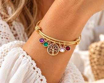 Personalized Family Tree Bangle: Mother's Birthstone Bracelet