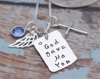 God Gave Me You Necklace, Cross Necklace, Angel Wing Jewelry, Mom Necklace, Mommy Jewelry, Birthstone Necklace, Sterling Silver Hand Stamped