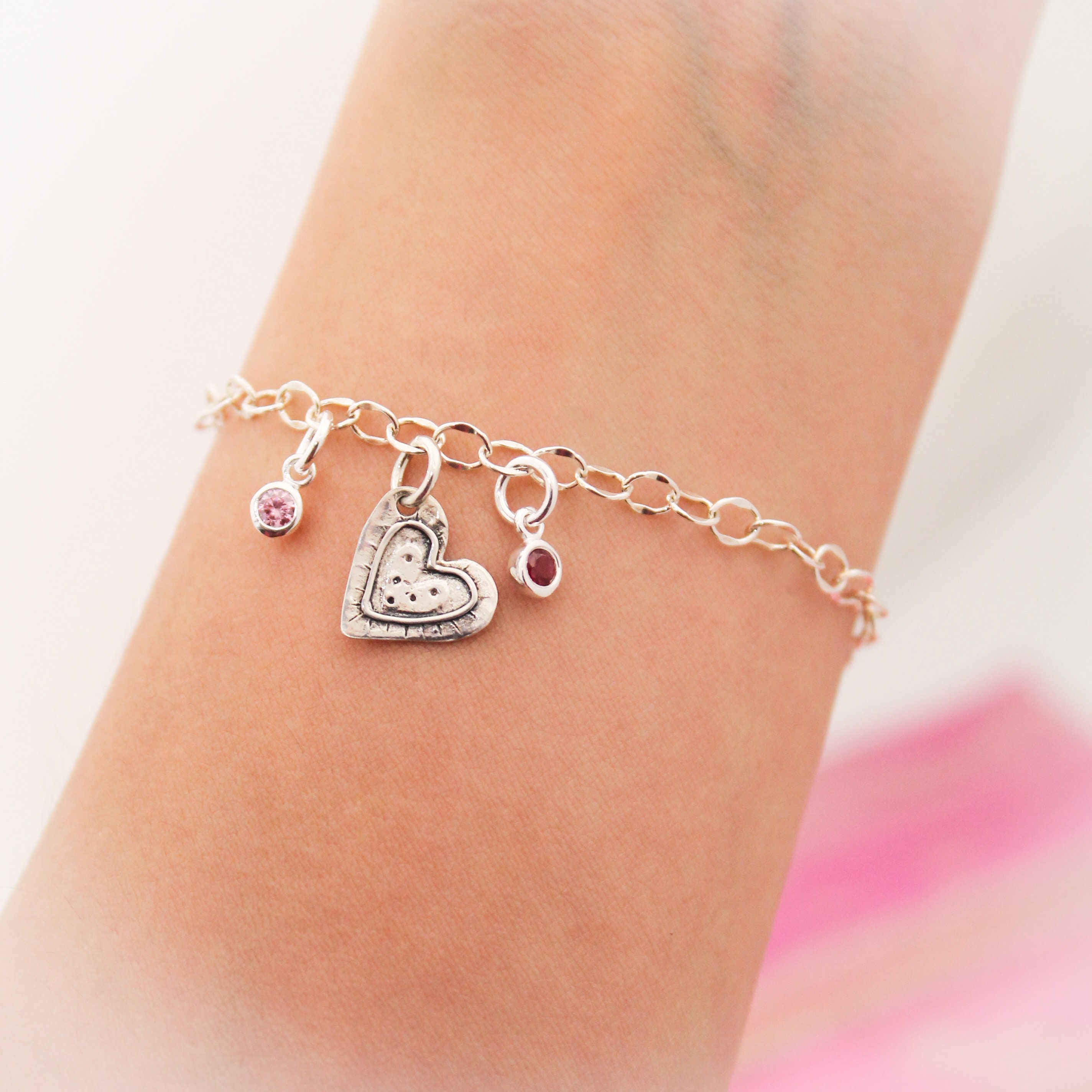 Heart Charm Bracelet with Birthstones Personalized Charm Etsy