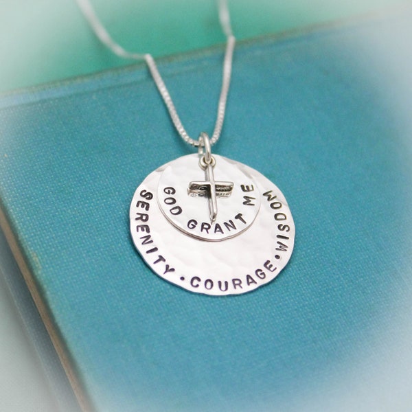 Serenity Prayer Pendant Necklace in Sterling Silver with Cross Charm  Personalized Hand Stamped Jewelry