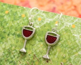 Cute Red Wine Earrings, Silver Wine Glass Earrings, Wine Lover Jewelry, Red Wine Earrings, Silver Festive Holiday Wine Jewelry, Gift for Her