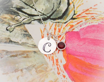 Garnet Initial Necklace: Sterling Silver January Birthstone Jewelry