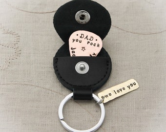 Guitar Pick with Case Dad, Mom, Grandma, Grandpa, Copper and Brass Hand Stamped Key Chain Hand Stamped Personalized Key Chain