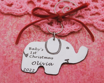 Personalized Baby's First Christmas Ornament: Hand Stamped Aluminum Elephant