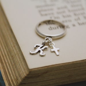 Sterling Silver Initial Ring: Personalized Cross Dangle Charm