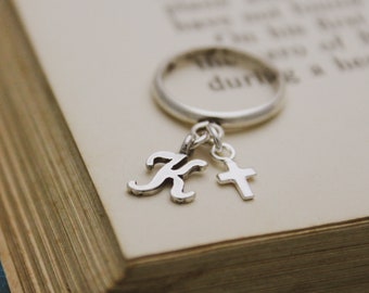 Sterling Silver Initial Ring: Personalized Cross Dangle Charm