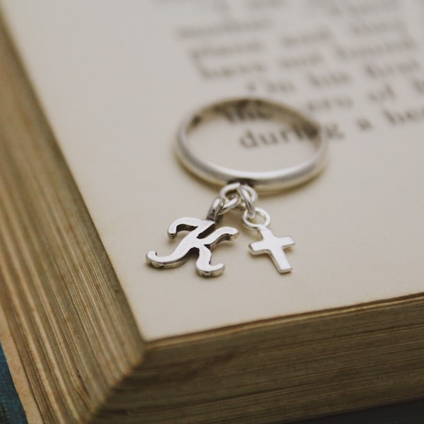 Personalized Cross & Initial Dangle Charm Ring in Sterling Silver, Faith Charm Ring, Gift for Her