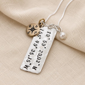 Personalized Sterling Silver Coordinates Necklace: Compass & Pearl Charm