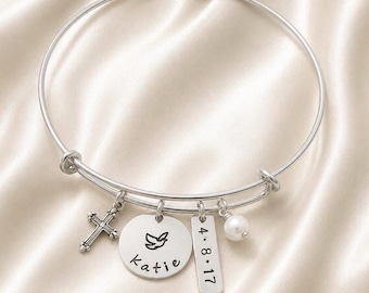 Personalized Silver Confirmation Bangle: Hand Stamped Cross, Dove, Date