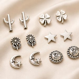 Sterling Silver Stud Earrings: Celestial, Flower, Cactus