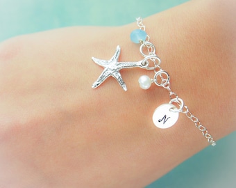 Starfish Bracelet Personalized with Initial and Birthstone, Gift for Her, Beach Wedding, Bridesmaid Gifts, Vacation Jewelry