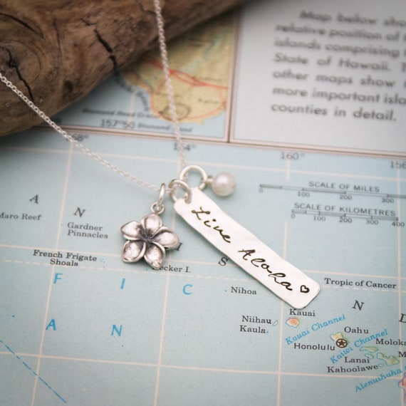 Live Aloha Sterling Silver Necklace: Hand Stamped Tag, Plumeria & Pearl