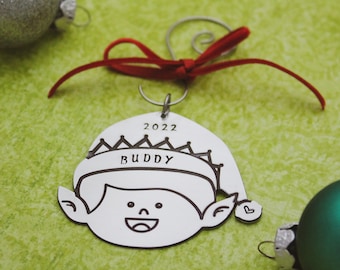 Personalized Elf Christmas Ornament: Hand Stamped Aluminum, Custom Name