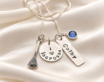 Personalized Lacrosse Necklace: Hand Stamped Sterling Silver LAX Jewelry