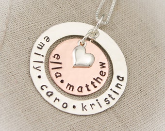 Sterling Silver Washer and Copper Personalized  Necklace with Heart Charm Grandmother or Mother Necklace Hand Stamped Jewelry