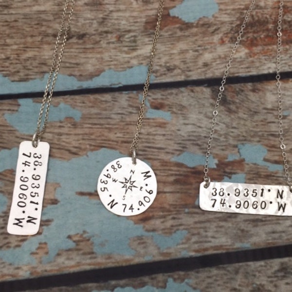 Personalized Coordinates Necklace, Latitude Longitude Bar Necklace, Latitude & Longitude GPS Necklace, Hand Stamped Sterling Silver Jewelry