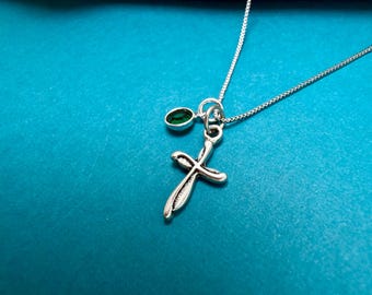 Fancy Cross Necklace Stainless Steel with Birthstone