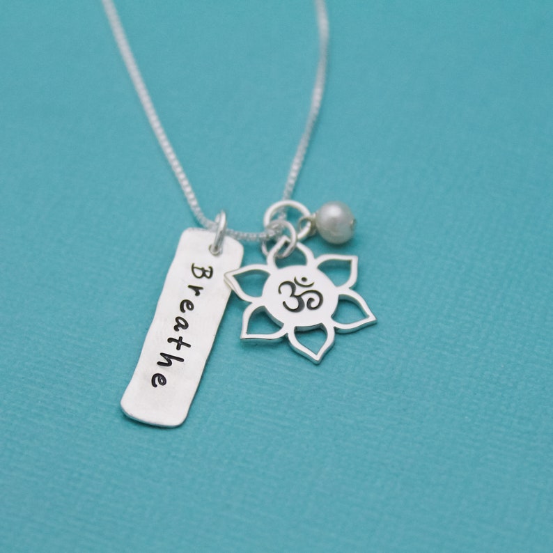 Breathe Necklace, Yoga Jewelry, Lotus Flower Necklace, Ohm Necklace, Yoga Necklace, Sterling Silver Hand Stamped Jewelry image 4