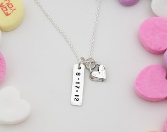 Petite Date Tag and Cute Heart Necklace,  Gifts for Her, Personalized