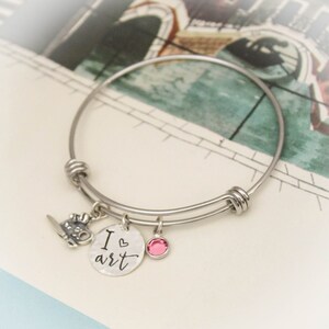 Personalized Artist Palette Bangle Bracelet: Sterling Silver, Birthstone Charm