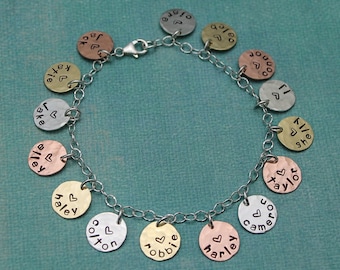 Personalized Mommy or Grandma Charm Bracelet, Mixed Metals Mother Charm Bracelet, Mother's Day Gift, Gifts for Her, Hand Stamped