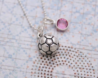 Soccer Birthstone Charm Necklace, Sterling Silver Soccer Necklace for Girls, Soccer Team Gift, Soccer Coach Gift, Soccer Jewelry Birthday