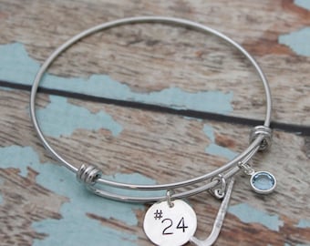 Personalized Field Hockey Bangle: Hand Stamped Initial, Birthstone Charm