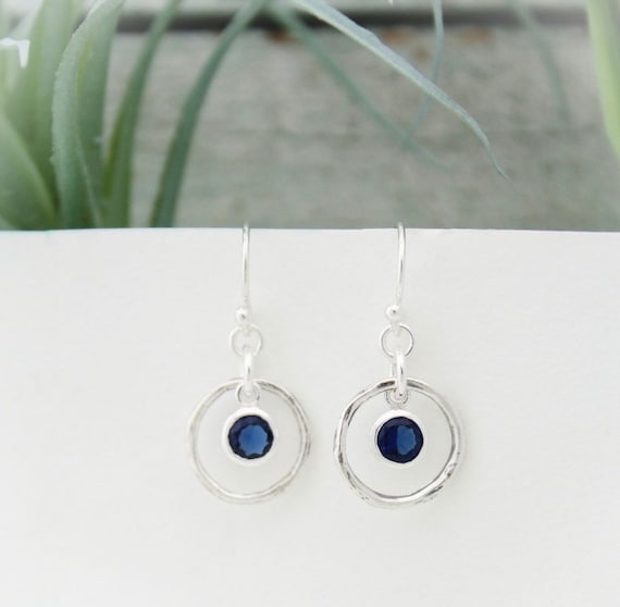 Blue Sapphire September Birthstone Earrings: Sterling Silver Twig
