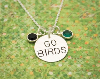 Eagles Football Necklace: Sterling Silver, Green & Black Crystals