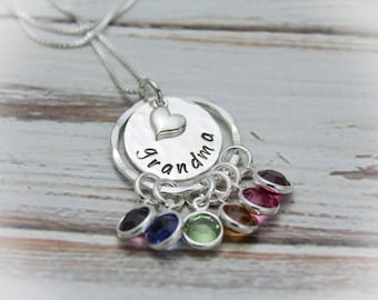 Grandma Necklace in Sterling Silver with Grandchildren Birthstones - Add more later