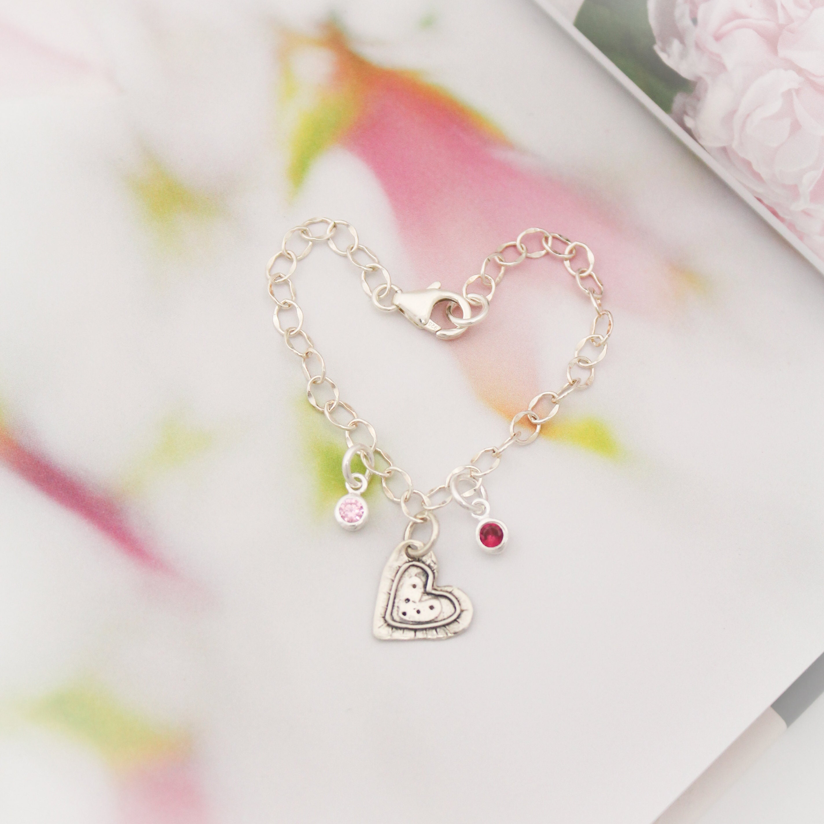 Heart Charm Bracelet with Birthstones Personalized Charm Etsy