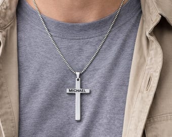 Stainless Steel Cross Pendant Necklace for Men | Engraved Cross | Minimalist Mens Personalized Jewelry