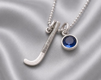 Personalized Field Hockey Necklace: Sterling Silver Stick & Birthstone Charm