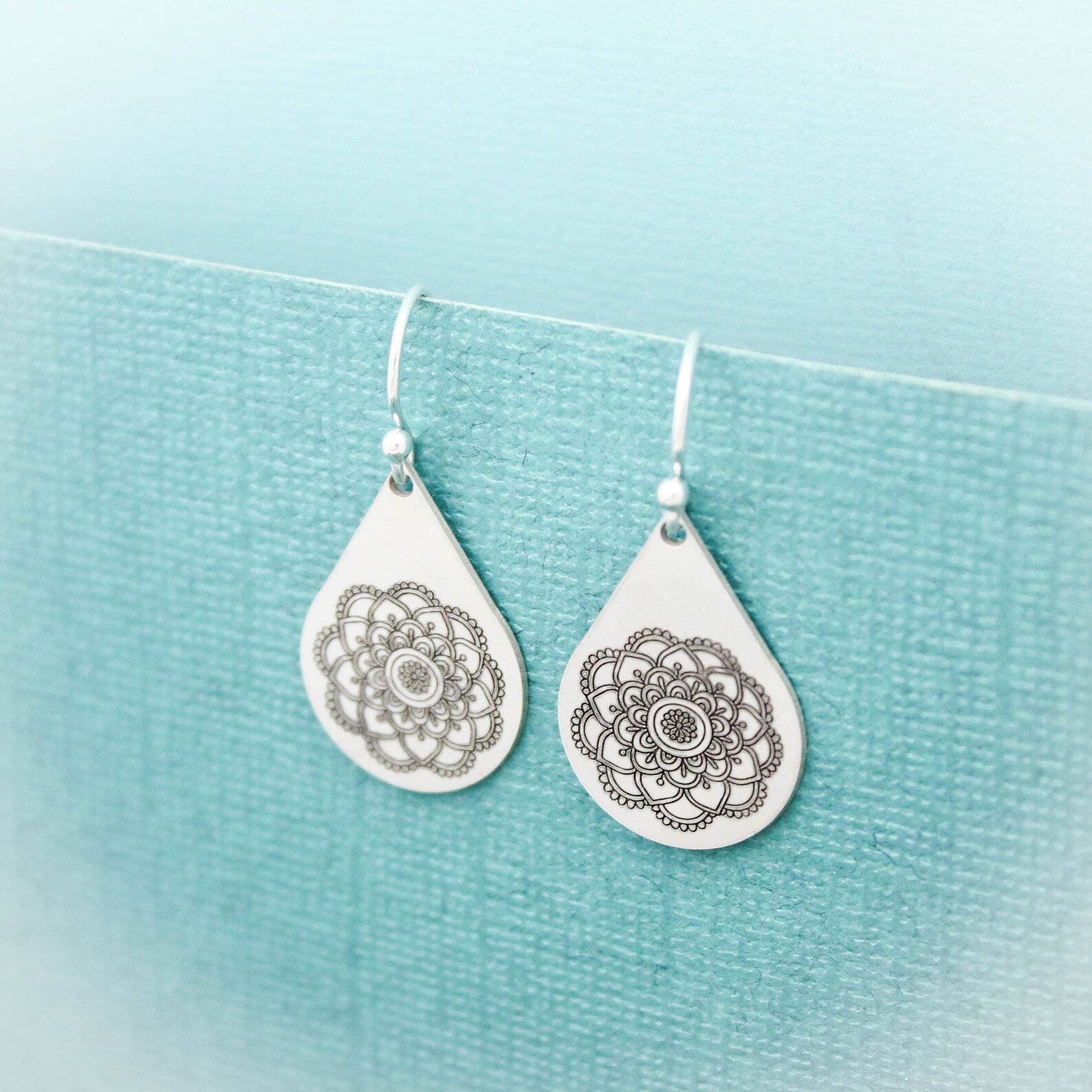 Mandala Teardrop Earrings in Sterling Silver Mandala Flower | Etsy
