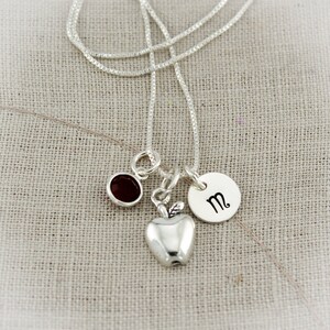 Teacher Charm with Birthstone and Apple Charm Sterling Silver Hand Stamped Personalized Necklace