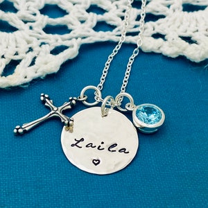 Personalisierte Sterling Silber Kreuz Halskette: Geburtsstein Konfirmation Geschenk