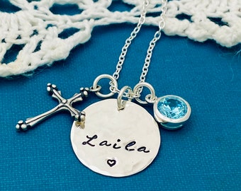 Confirmation Gift for Girls, Personalized Cross Necklace with Name, Date and Birthstone, Communion, Baptism Gift