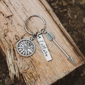 Explore Arrow Key Chain, Adventuring Keychain, Hiker Gift, Outdoorsy Gift, Gifts for Her, Gifts for Him, Happy Camper Keychain, Explore