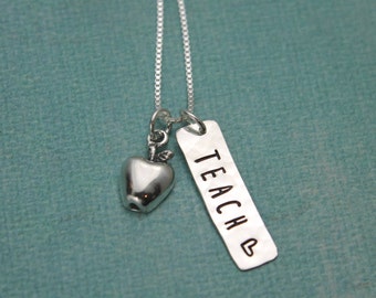 Teach Apple Teacher Necklace - Personalized - Sterling Silver with Apple Charm For a Teacher Hand Stamped Jewelry