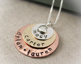 Mixed Metal Personalized Necklace, 3 Discs, Sterling Silver, Brass, & Copper, Mother's Necklace