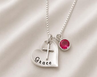 Hand Stamped Sterling Silver Cross Necklace: Heart, Birthstone, Personalized Confirmation Jewelry